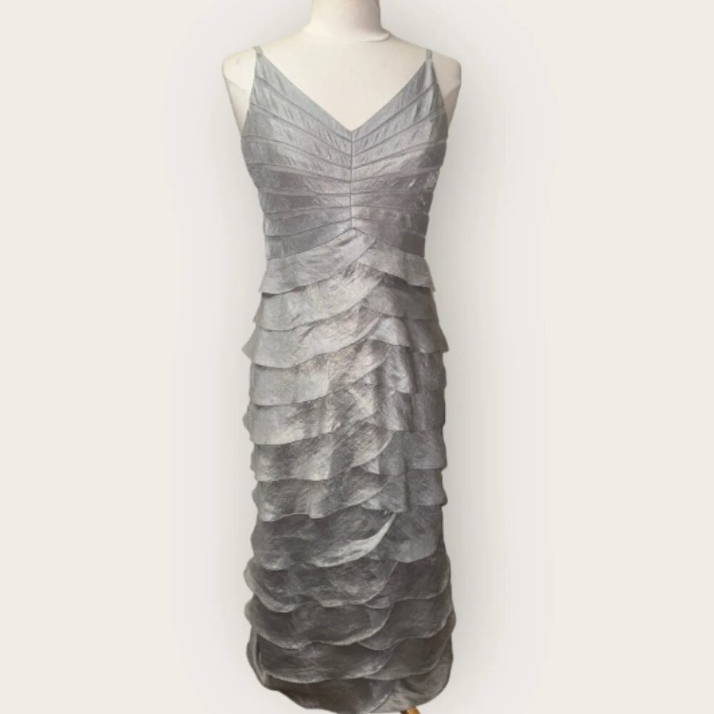 Adrianna Papell Occasions Layered Ruffled Midi Dress, Silver - Size 2 Petite